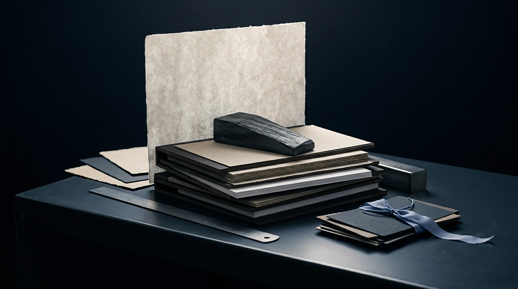 Specialty paper sheets, cardboard substrates, a metal ruler, and paper samples tied with ribbon sit on a dark industrial workbench.
