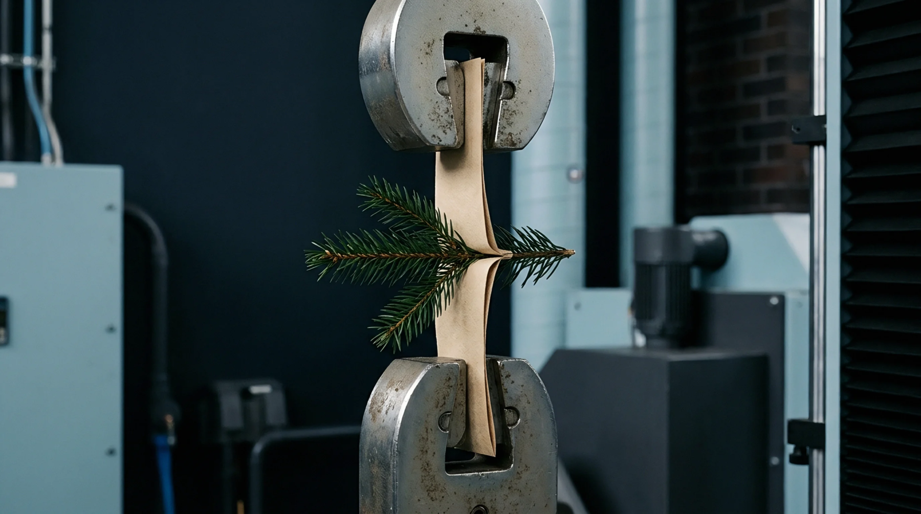 Heavy steel tensile grips clamp a folded kraft paper specimen holding a fresh evergreen branch inside a materials testing laboratory.