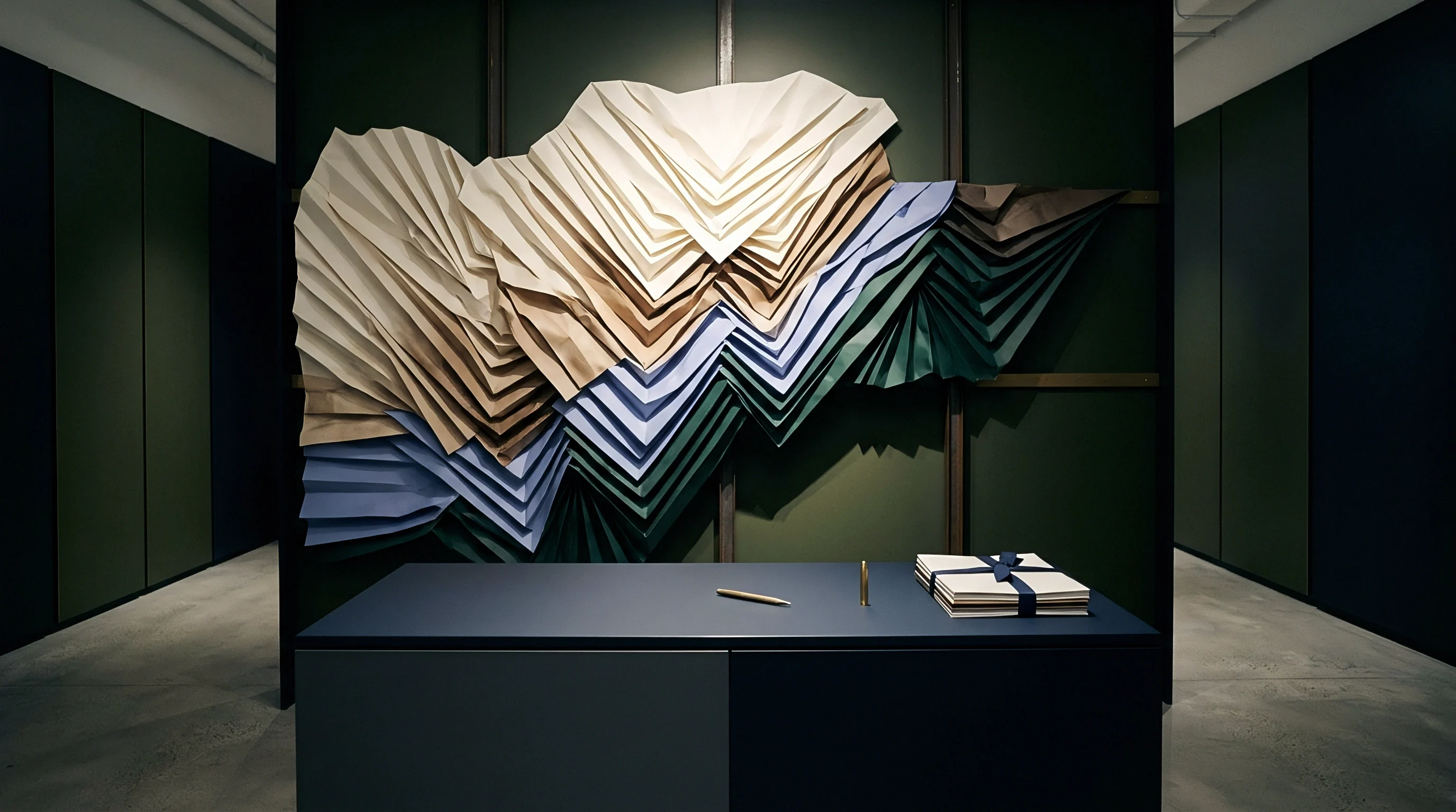 This installation features a large, multi-colored, folded paper artwork mounted on a dark green wall behind a minimalist desk with stationery.