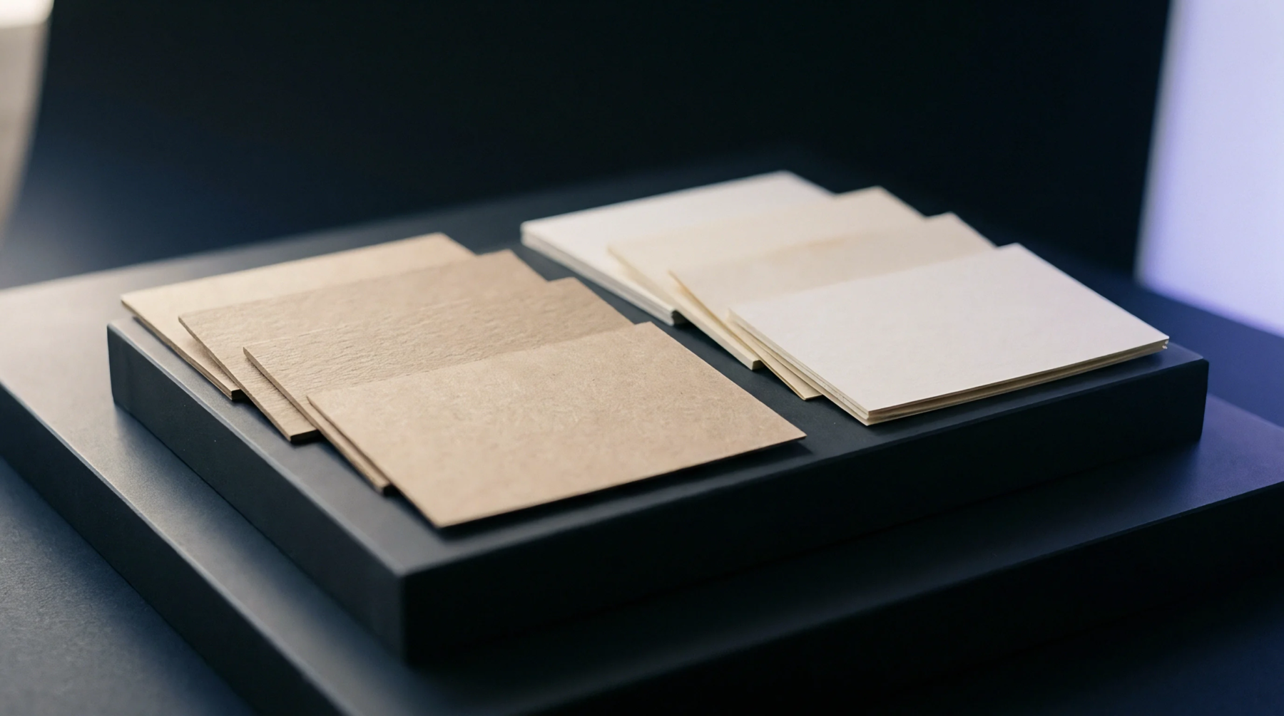 Contrasting stacks of textured kraft and smooth white paper samples rest on a raised dark pedestal set against a dark background.