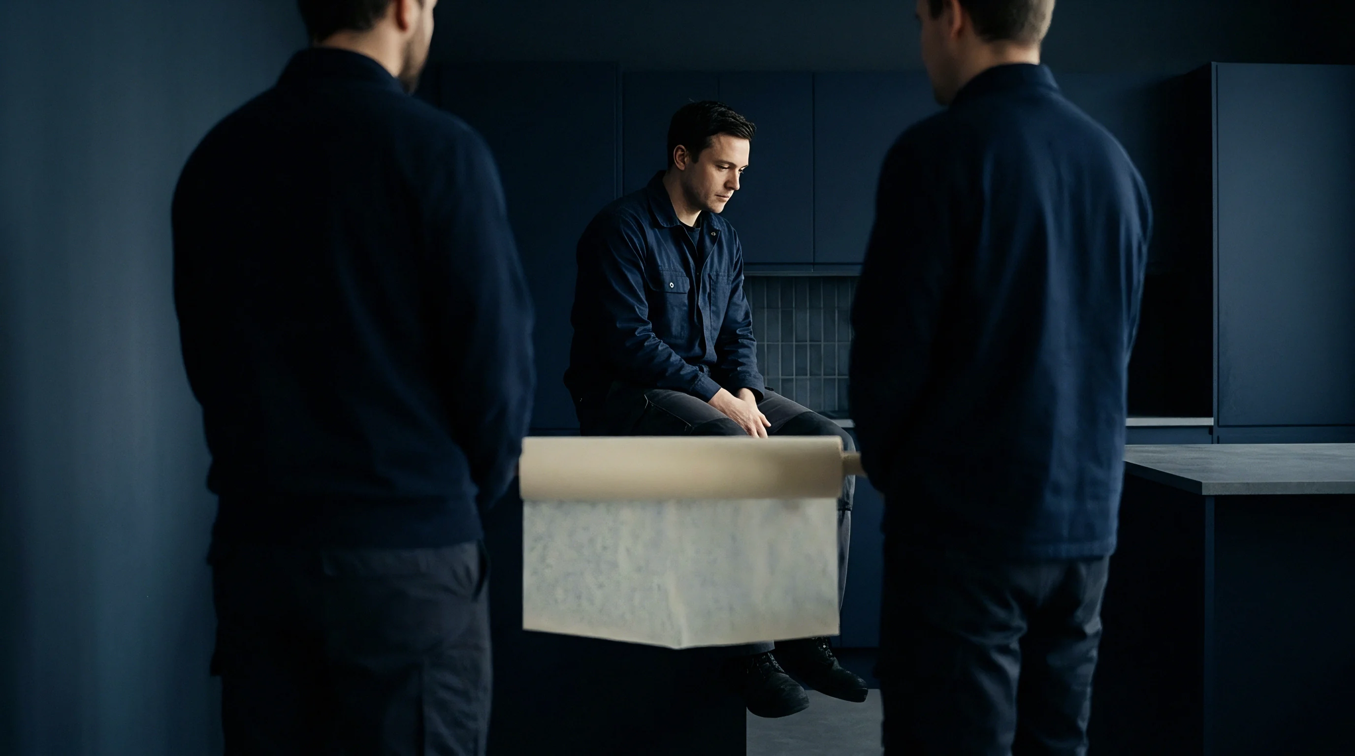 A heavy roll of beige print stock hangs unspooled in a dark interior while three individuals in dark blue utility garments observe.