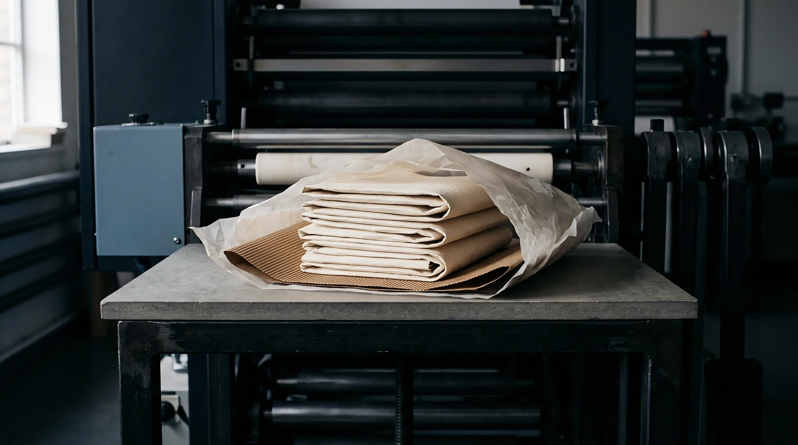 Stacked paper substrates wrapped in corrugated board and translucent protective paper rest on a concrete converting table before industrial print rollers.